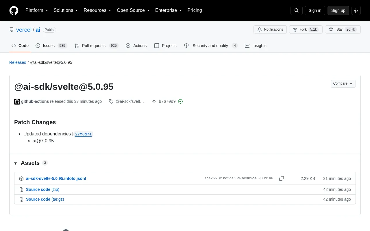 @ai-sdk/svelte 5.0.95 Released: Dependency Upgrades and Stability Improvements