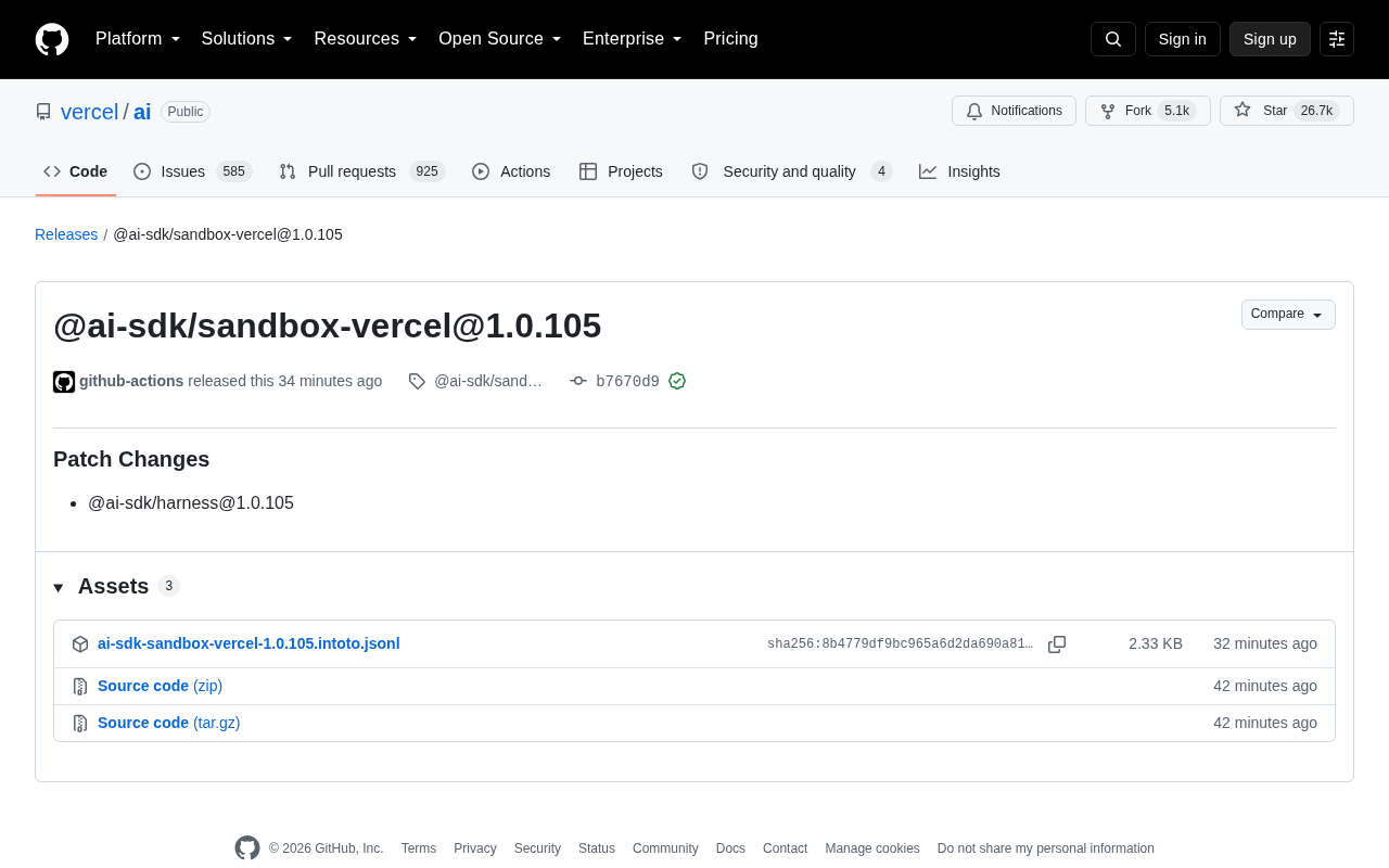 Vercel AI SDK Sandbox 1.0.105 版本更新解析