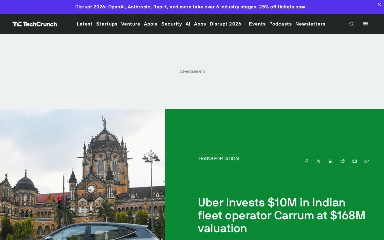 Screenshot of news about Uber's investment in Carrum