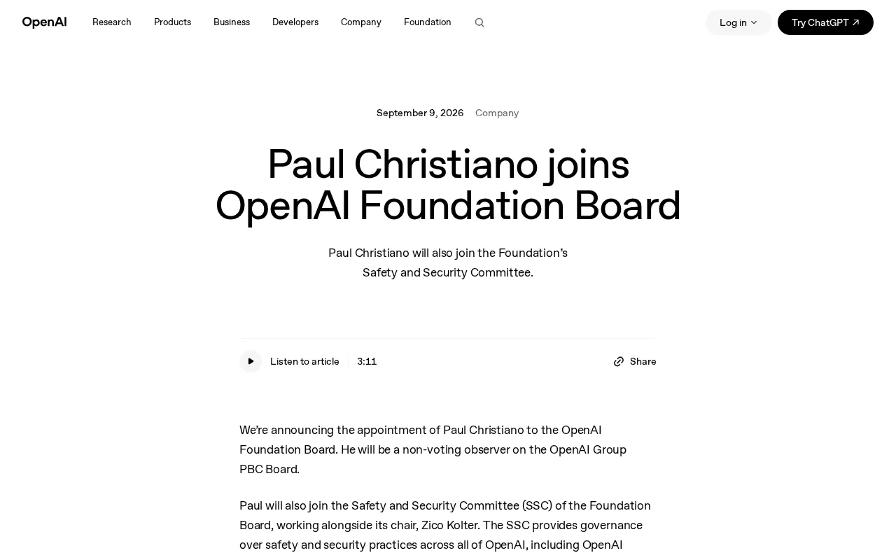 Paul Christiano joins OpenAI Foundation Board
