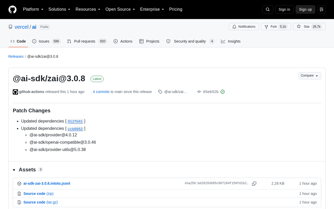 Vercel AI SDK zai Provider 3.0.8 Update Analysis