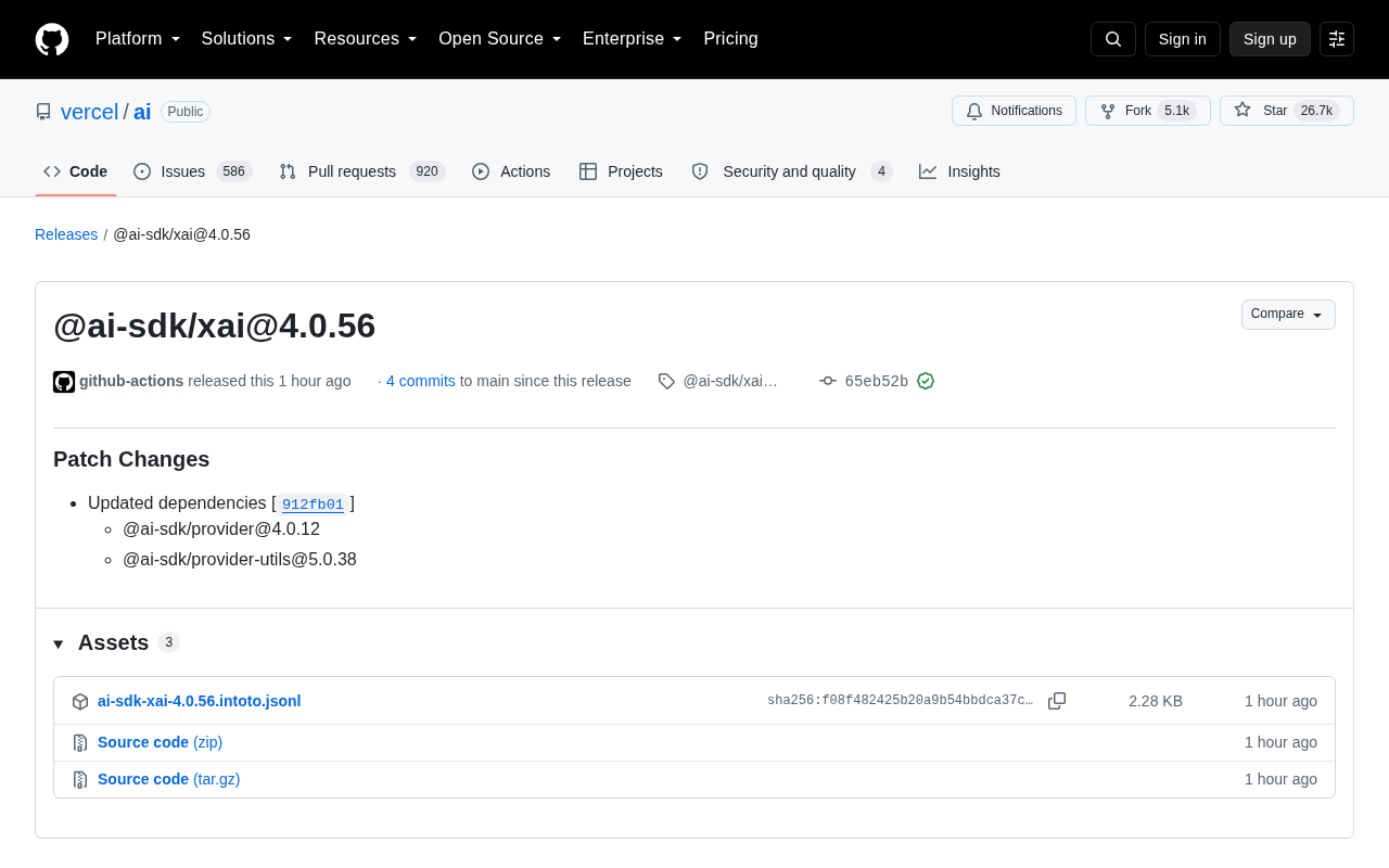 Vercel AI SDK 发布 xAI 适配器 4.0.56:依赖升级与生态优化