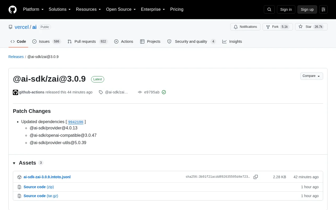 Vercel AI SDK Releases @ai-sdk/zai 3.0.9: Dependency Upgrades and Stability Improvements