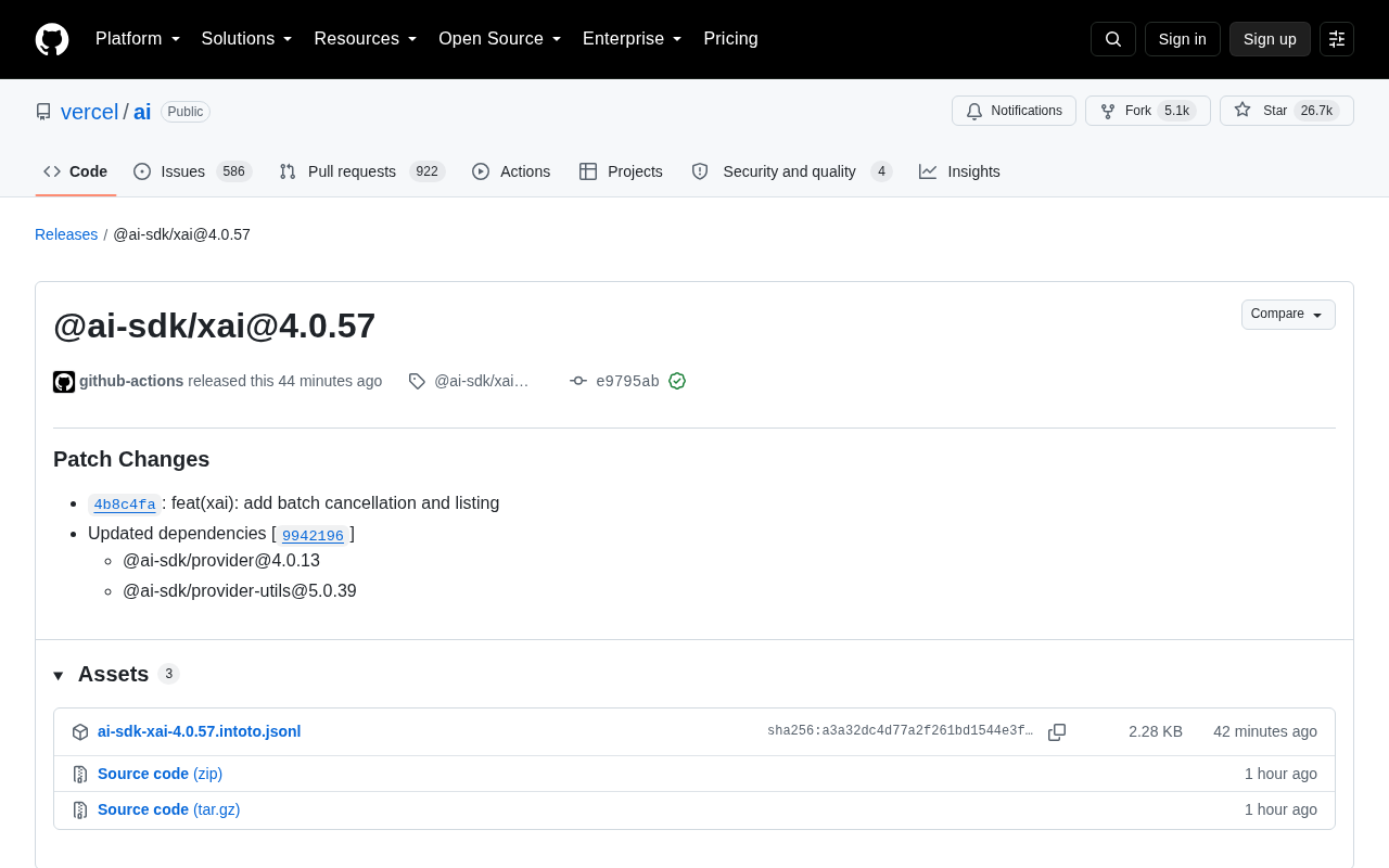 Vercel AI SDK xAI集成新增批处理管理功能