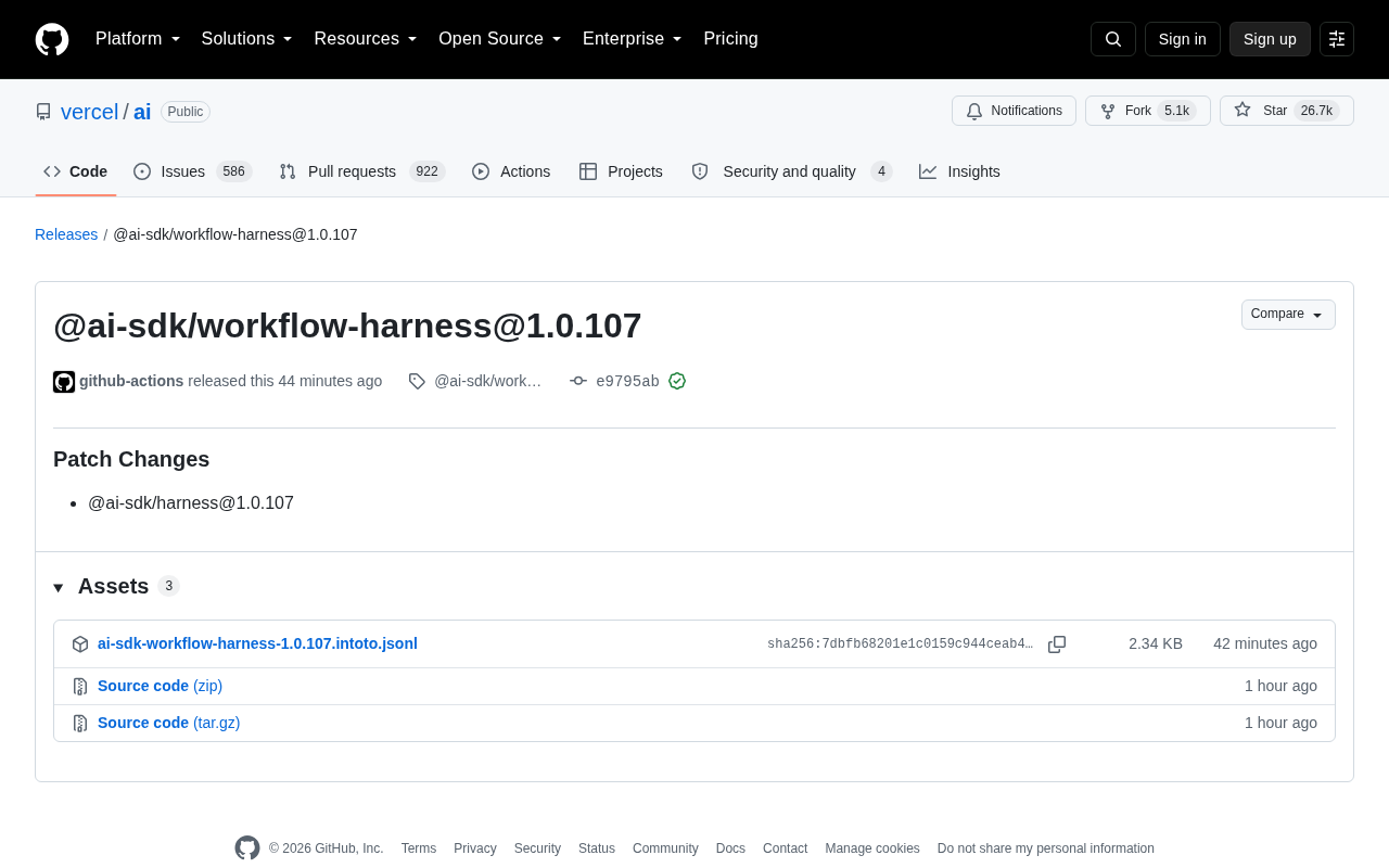 Vercel AI SDK workflow-harness 版本发布