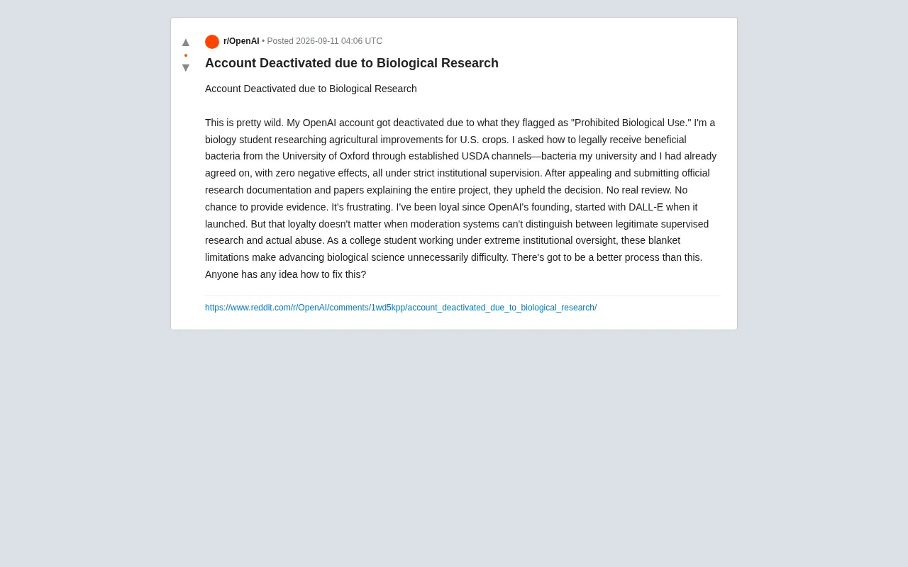 reddit source: Account Deactivated due to Biological Research