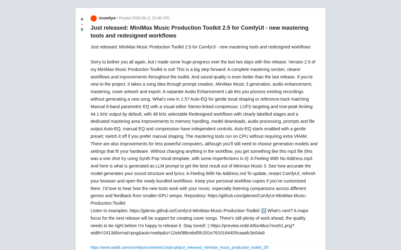 MiniMax音乐制作工具包2.5发布:ComfyUI迎来完整母带处理链