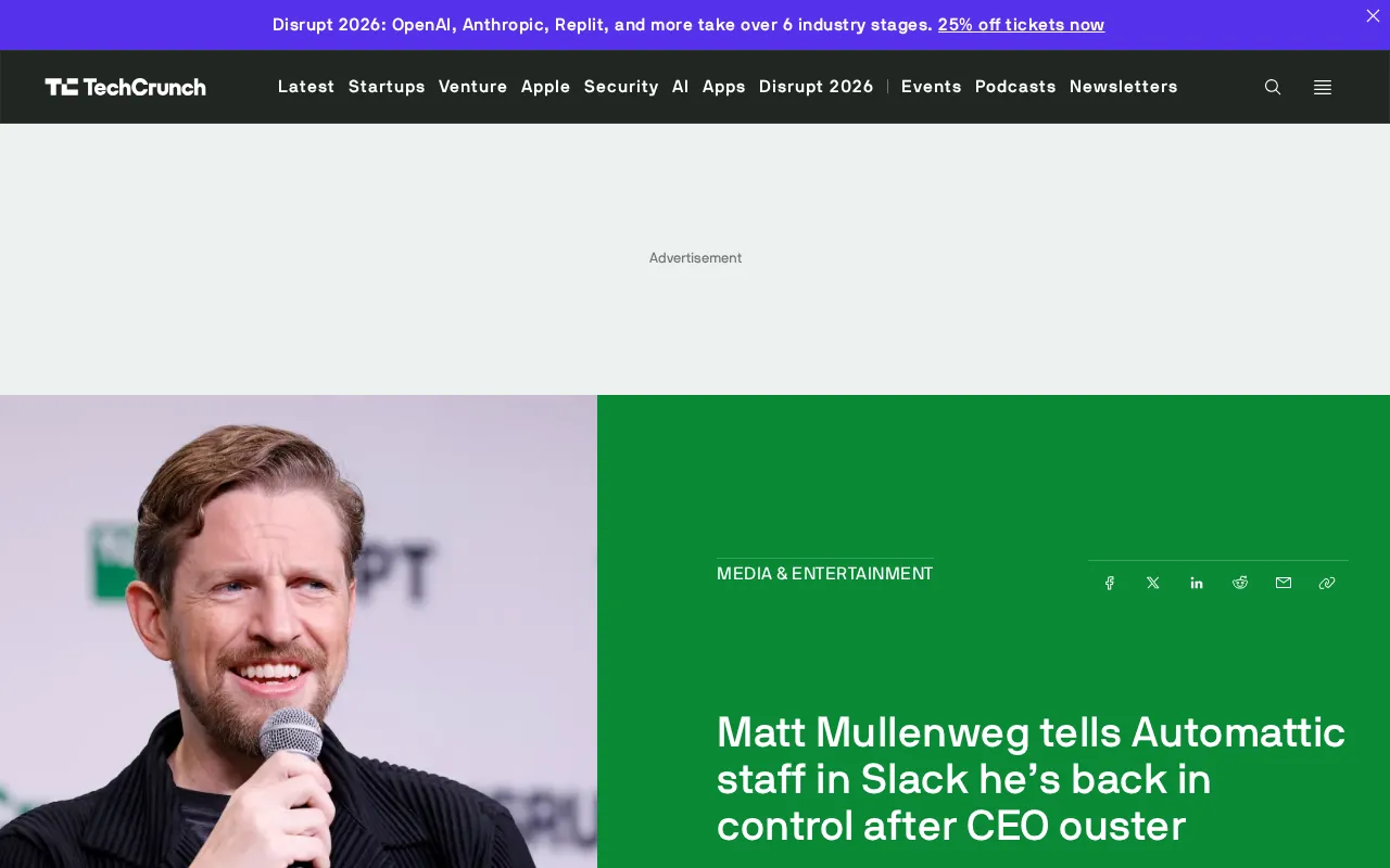 Mullenweg Announces He's Back in Control at Automattic: Reinstated Days After Suspension, Power Struggle Still Unclear