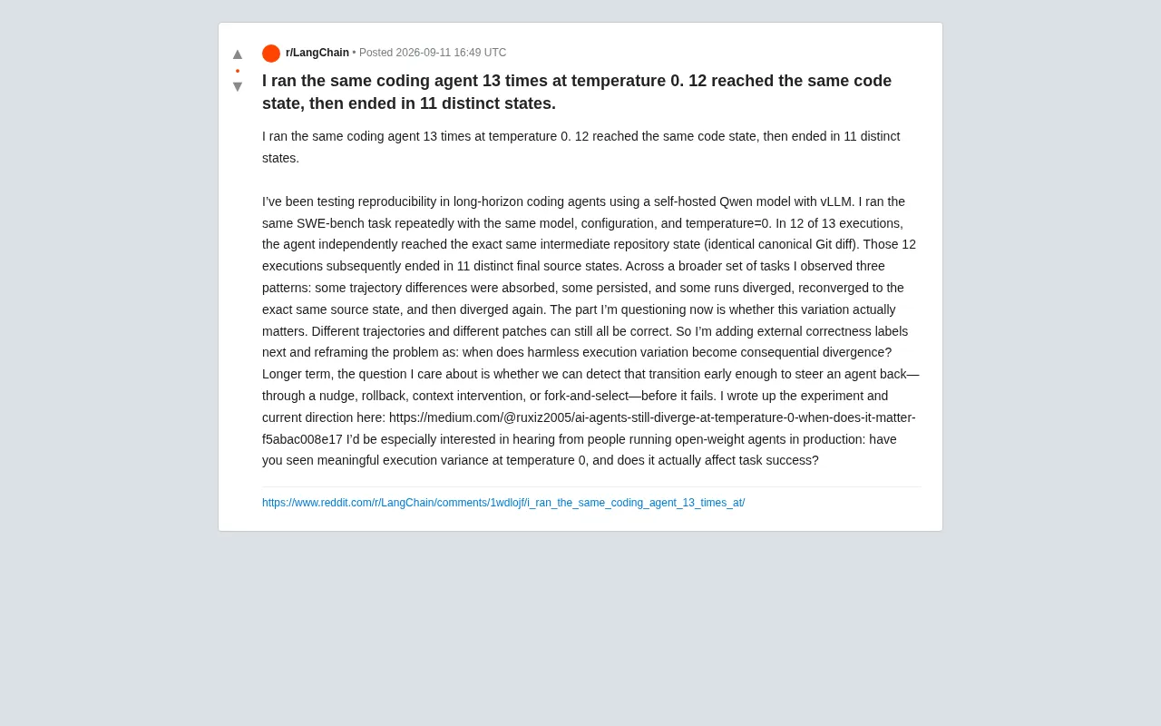 Temperature=0 Still Can't Guarantee Reproducibility: The Hidden Divergence Problem in AI Coding Agents