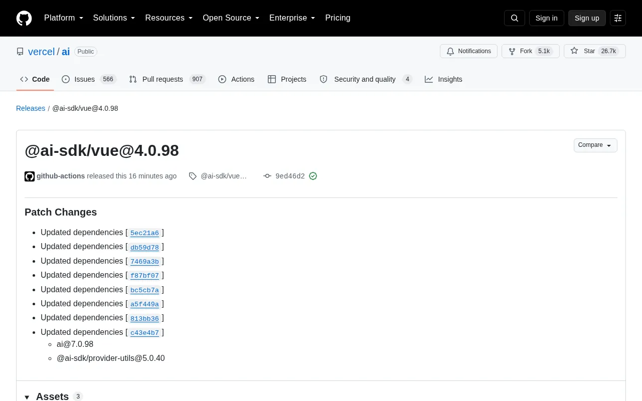 Vercel AI SDK release page