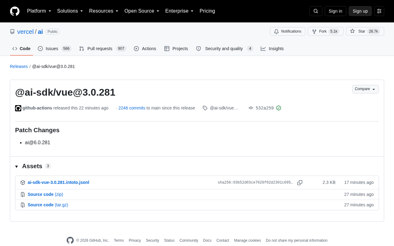 Vercel AI SDK 发布 @ai-sdk/vue@3.0.281 补丁更新