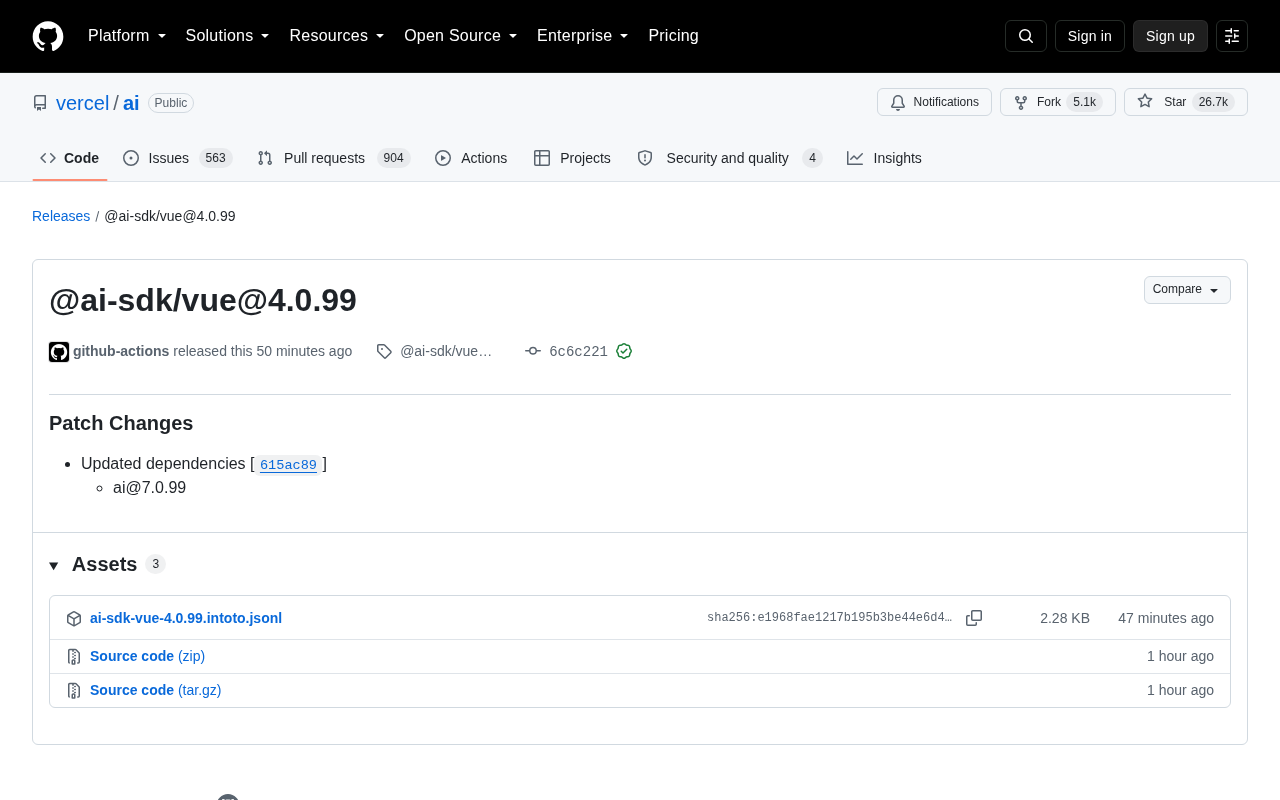Vercel AI SDK Vue 4.0.99 发布:依赖更新说明