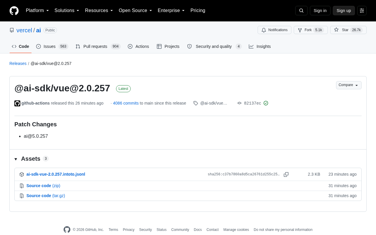Vercel AI SDK Vue 2.0.257 发布:一次补丁更新解析