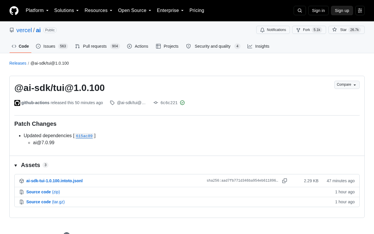 Vercel AI SDK 发布 @ai-sdk/tui 1.0.100 补丁更新