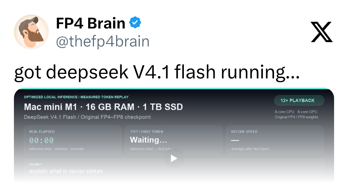 DeepSeek v4.1 Flash在M1 Mac Mini上:23秒/token的现实