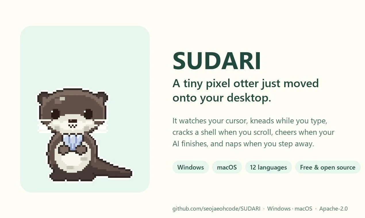 SUDARI: The Pixel Otter Desktop Pet That Responds to Your Work Rhythm