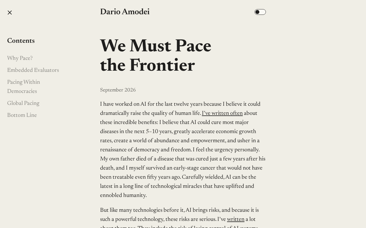 Dario Amodei's "We Must Pace the Frontier": Safety Considerations in the AI Race
