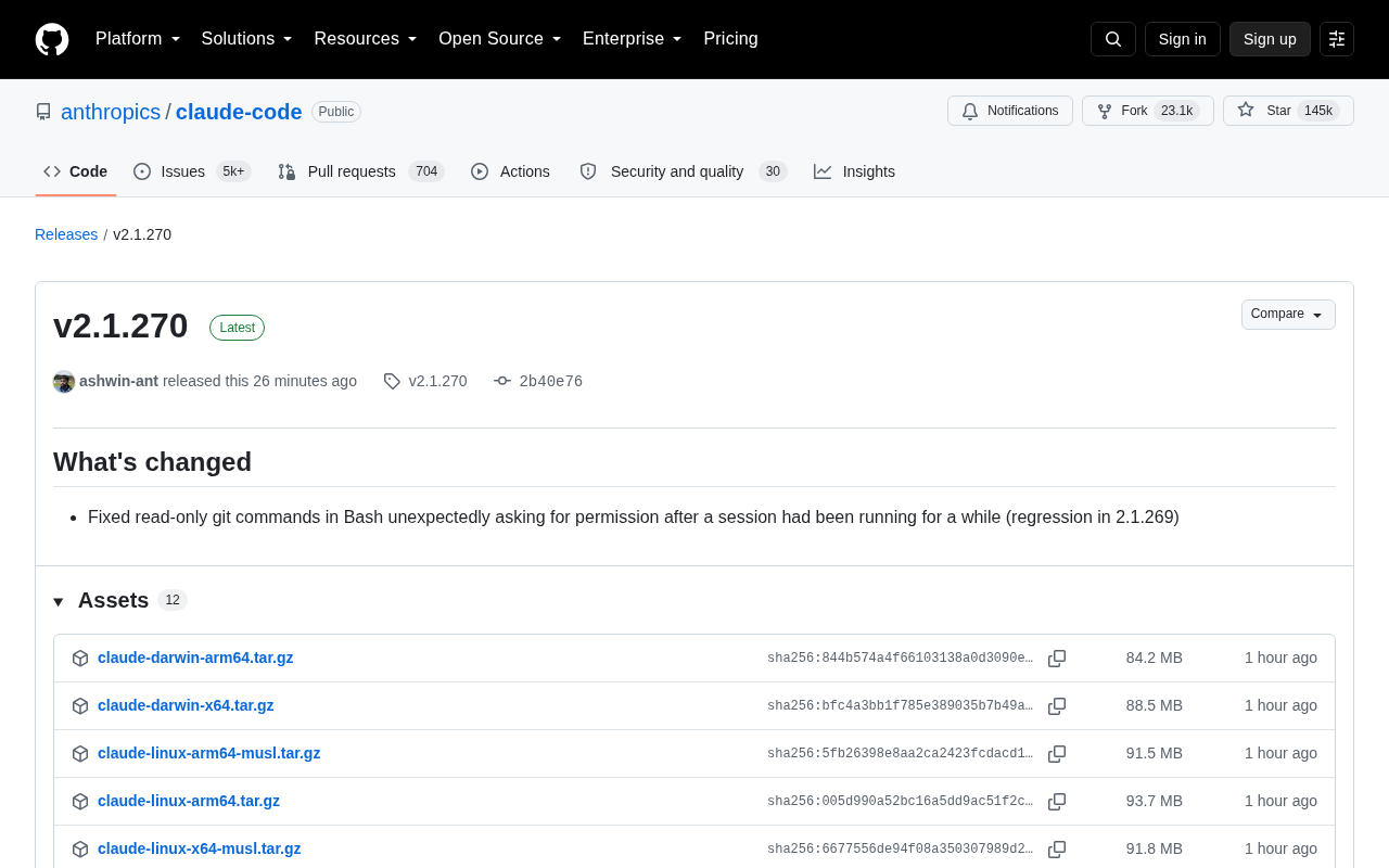 Claude Code v2.1.270 发布:修复 Bash 只读 Git 命令误请求权限问题
