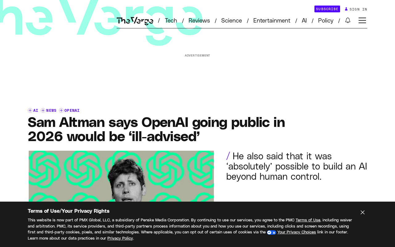 Sam Altman:OpenAI短期内IPO是"不明智"之举