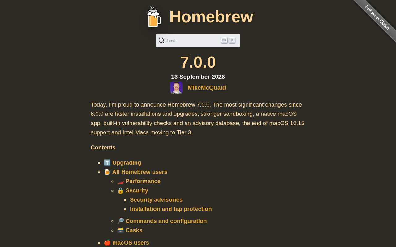 Homebrew 7.0.0 发布:macOS 与 Linux 包管理器迎来重大更新