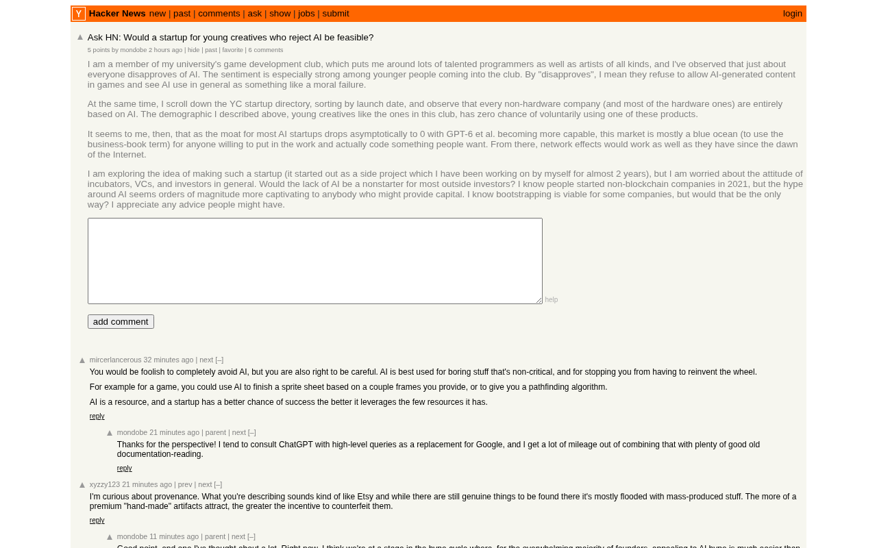 hackernews source: Ask HN: Would a startup for young creatives who reject AI be feasible?