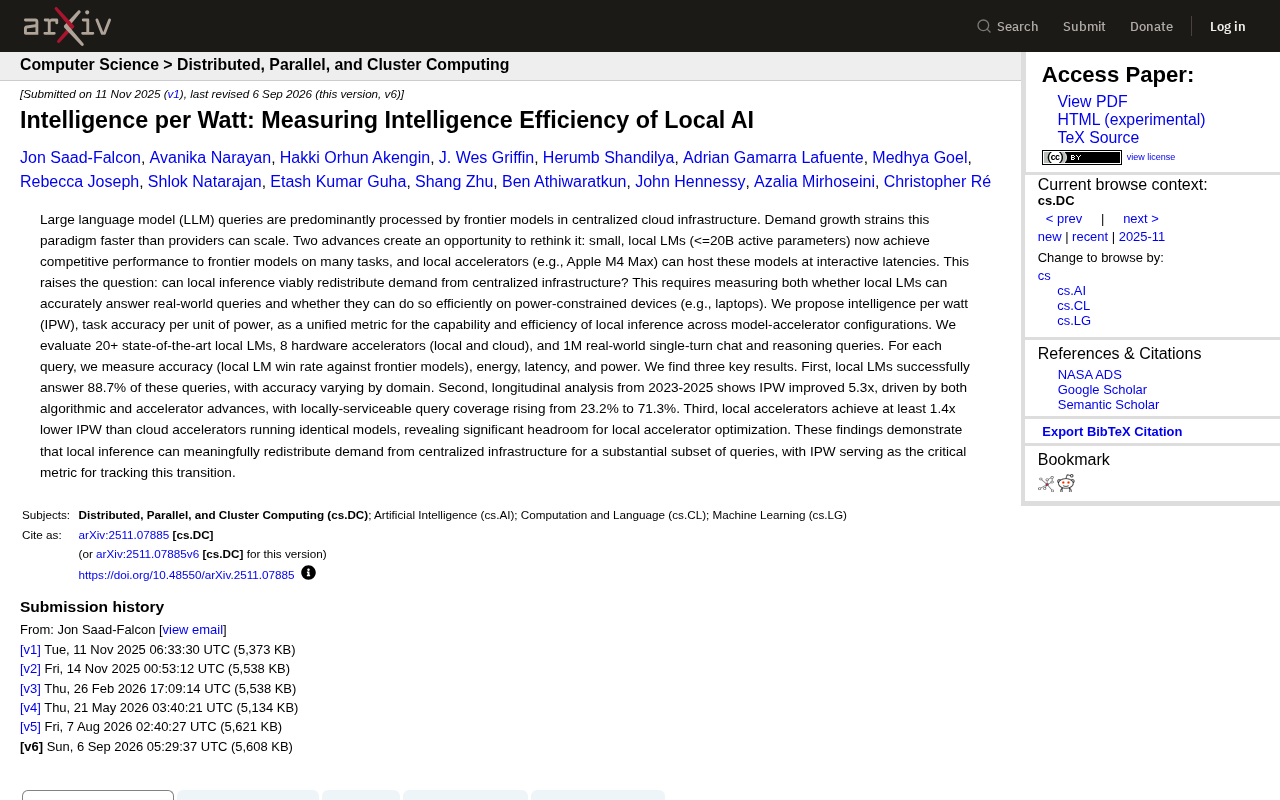 Intelligence per Watt:衡量本地AI的智能能效