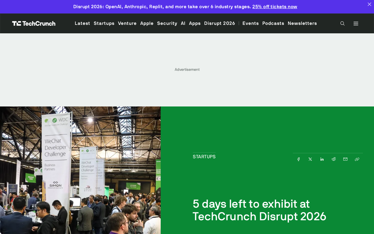 TechCrunch Disrupt 2026 展位申请倒计时5天