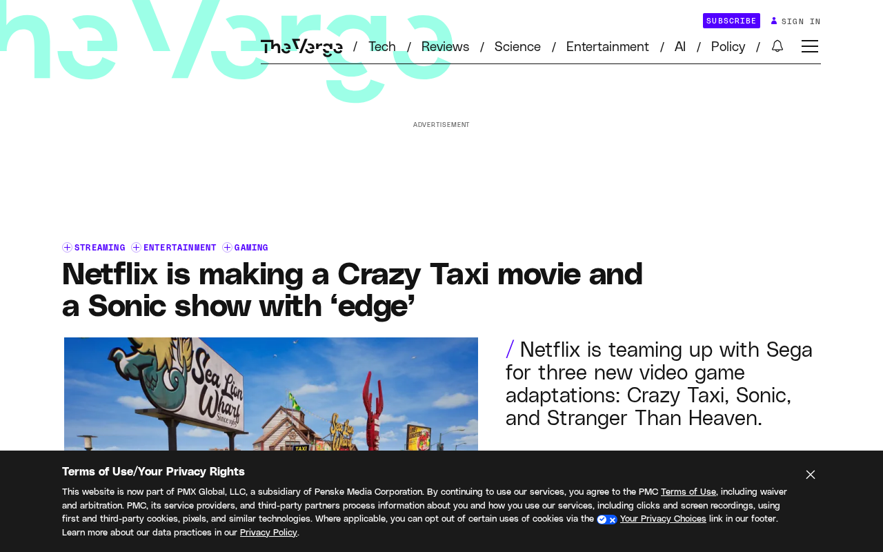 Netflix Partners with Sega: Crazy Taxi Movie and New Sonic Animated Series on the Way