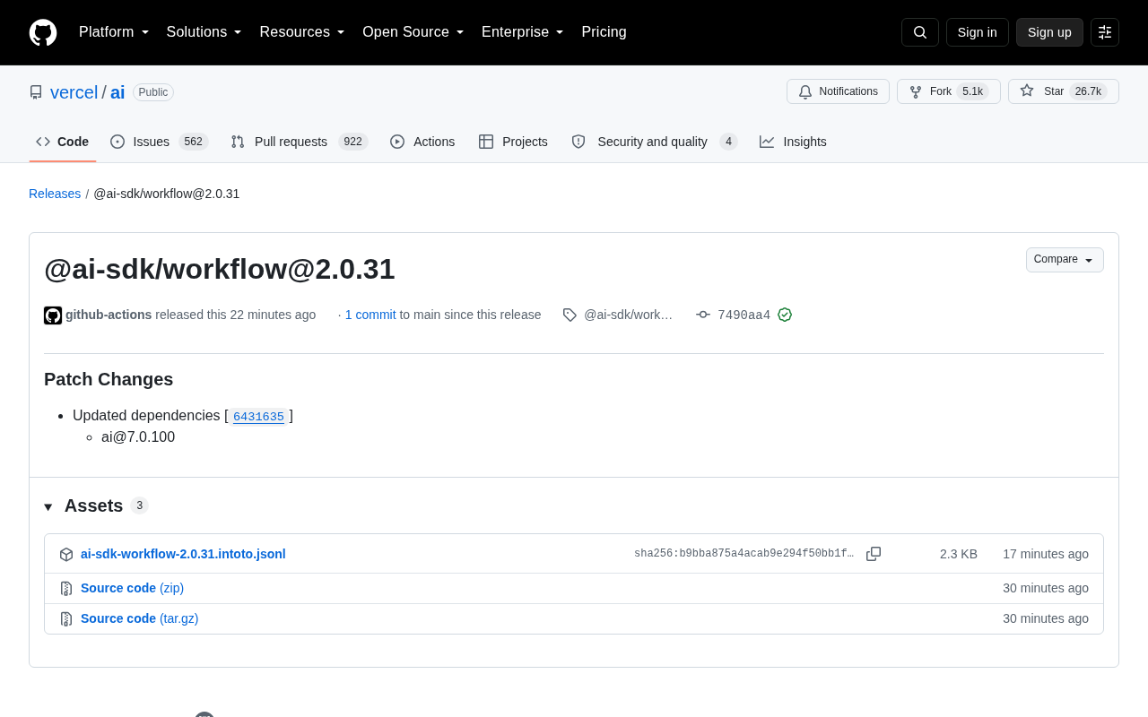 Vercel AI SDK Releases @ai-sdk/workflow 2.0.31 Patch Update