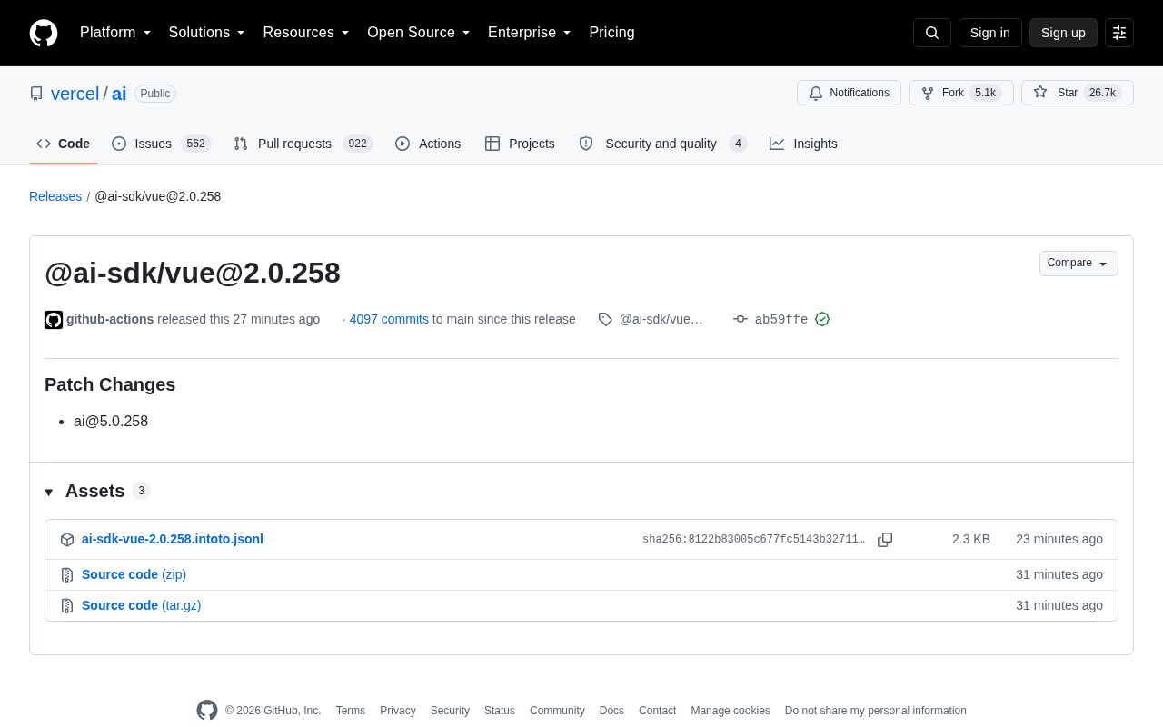 Vercel AI SDK Vue 2.0.258 补丁更新解析