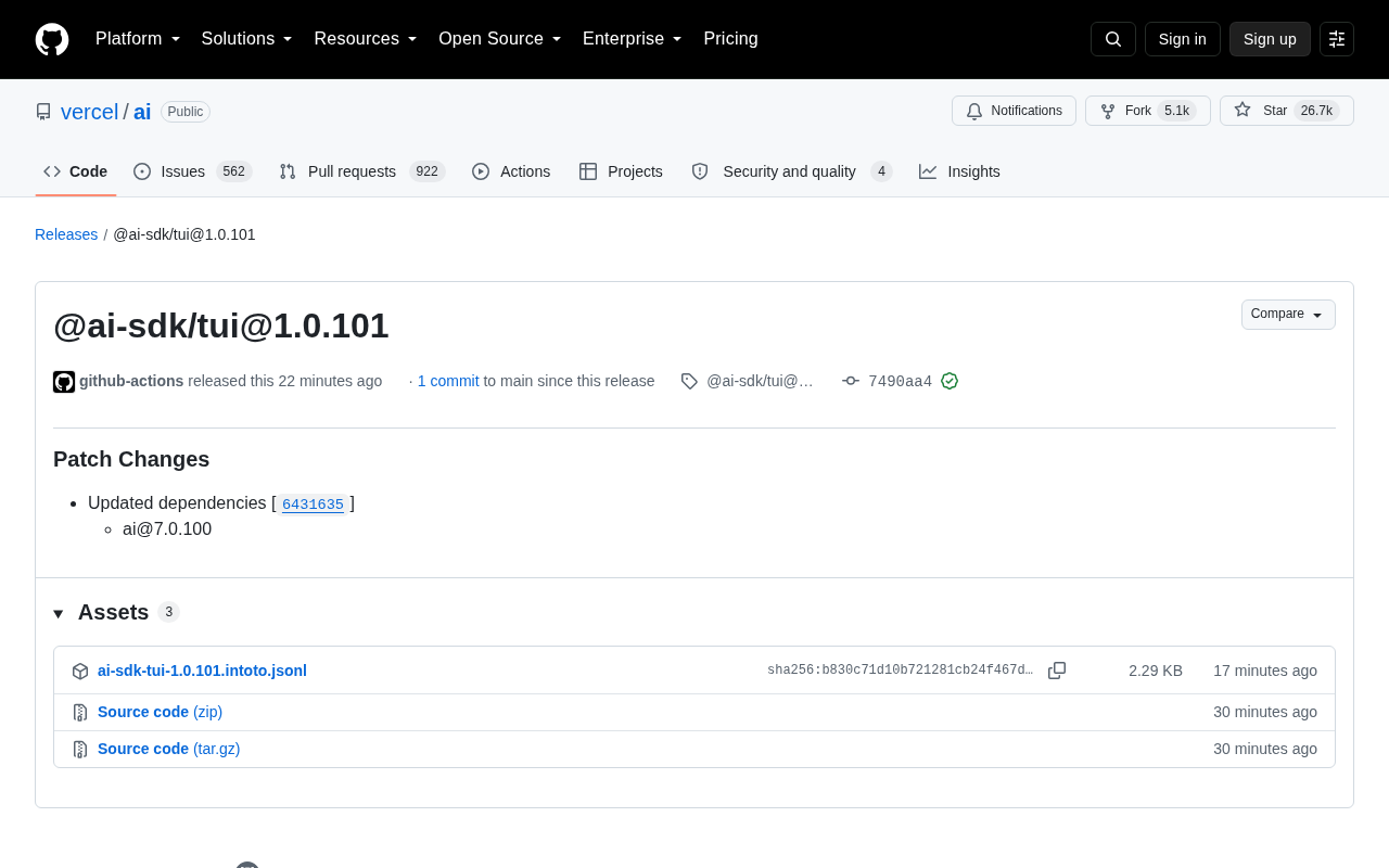 @ai-sdk/tui 1.0.101 发布:AI SDK 依赖同步更新