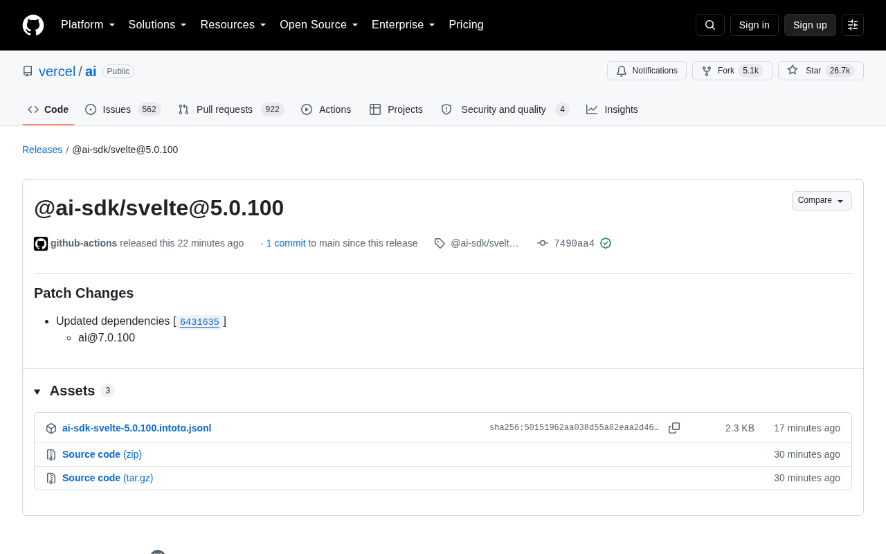 Vercel AI SDK Svelte 包发布页面