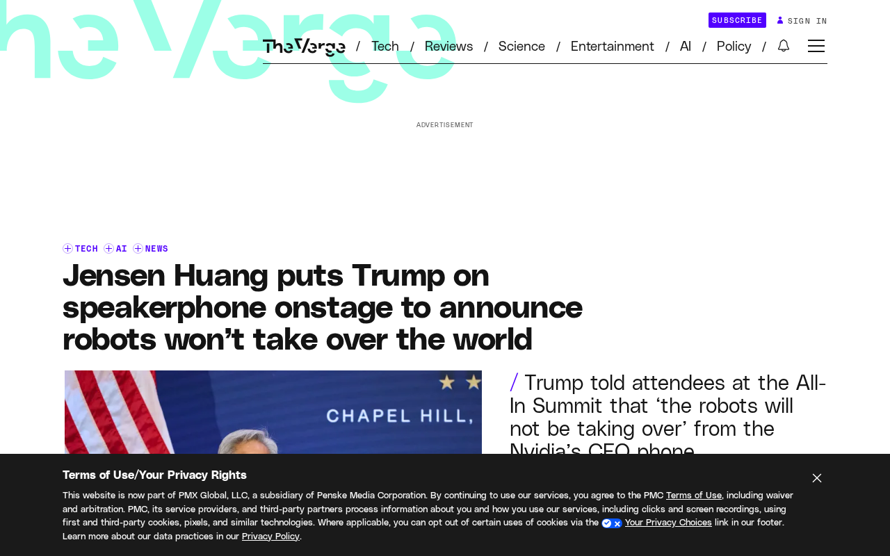 Jensen Huang Takes Trump's Call Live on Stage at All-In Summit: 'Robots Won't Rule the World'