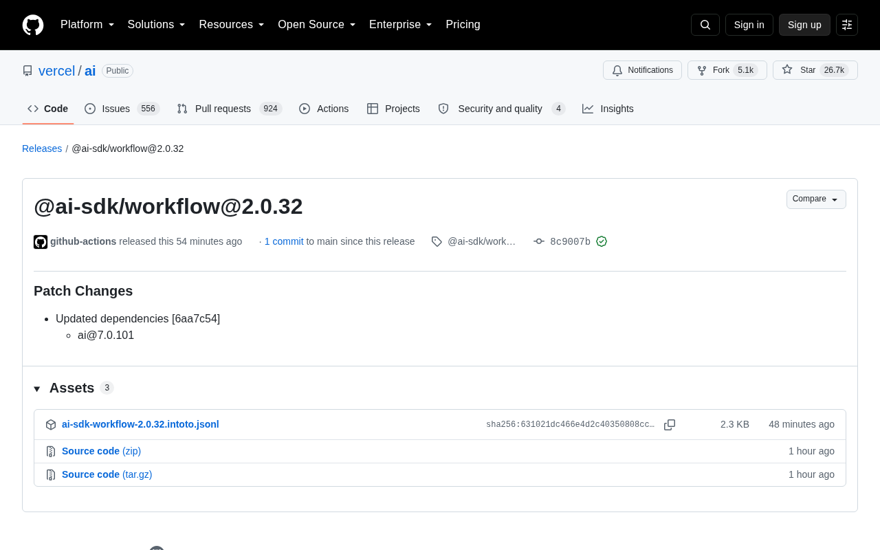 @ai-sdk/workflow 2.0.32 Released: Vercel AI SDK Dependency Update