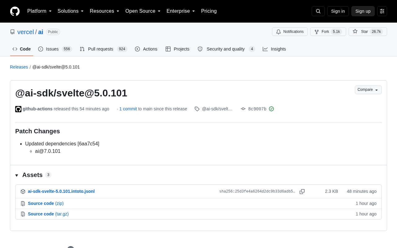 Vercel AI SDK 发布 @ai-sdk/svelte 5.0.101 补丁版本