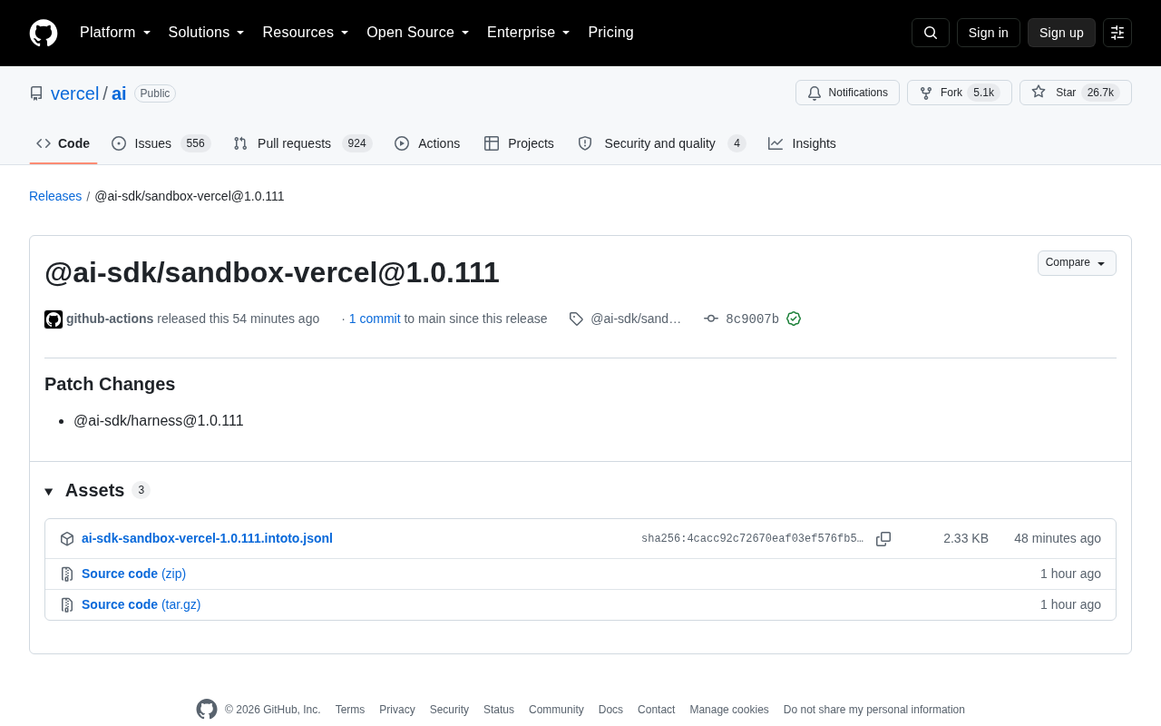 Vercel AI SDK release page
