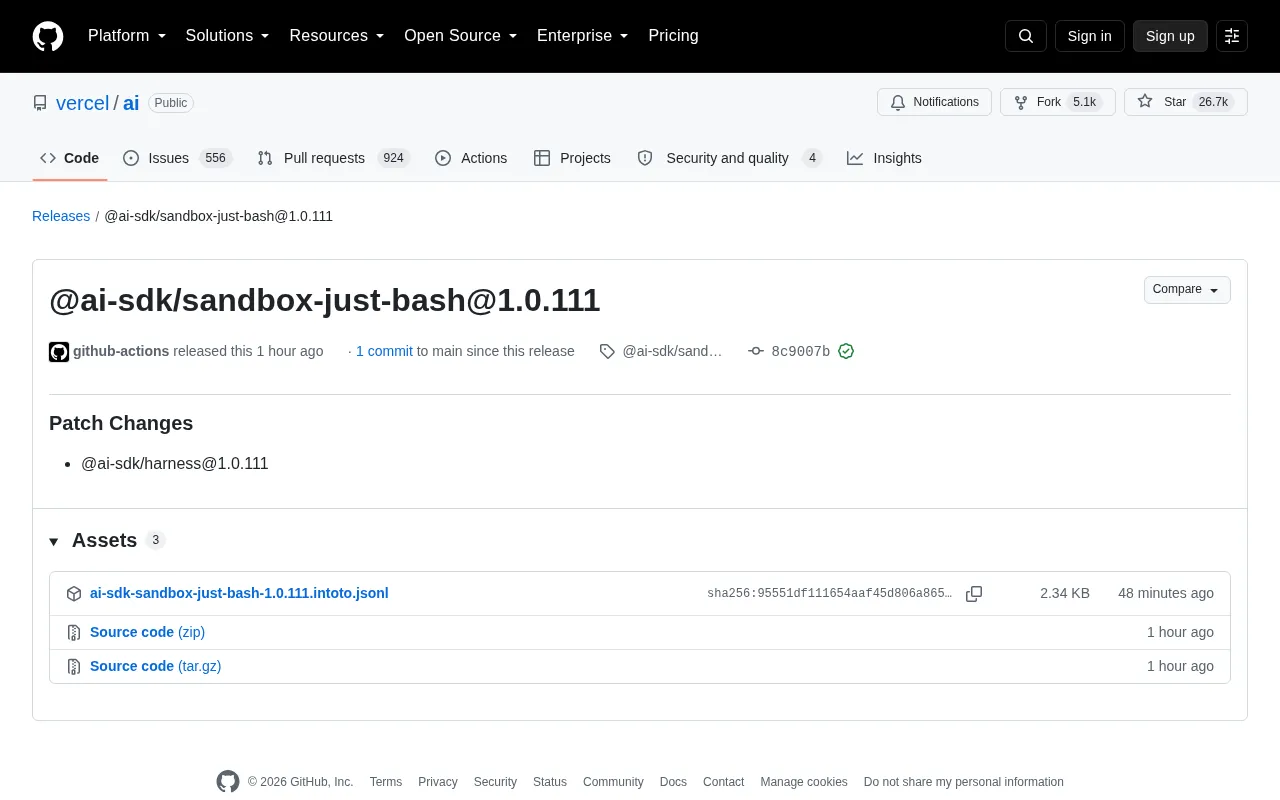 Vercel AI SDK Update: sandbox-just-bash Patch Release