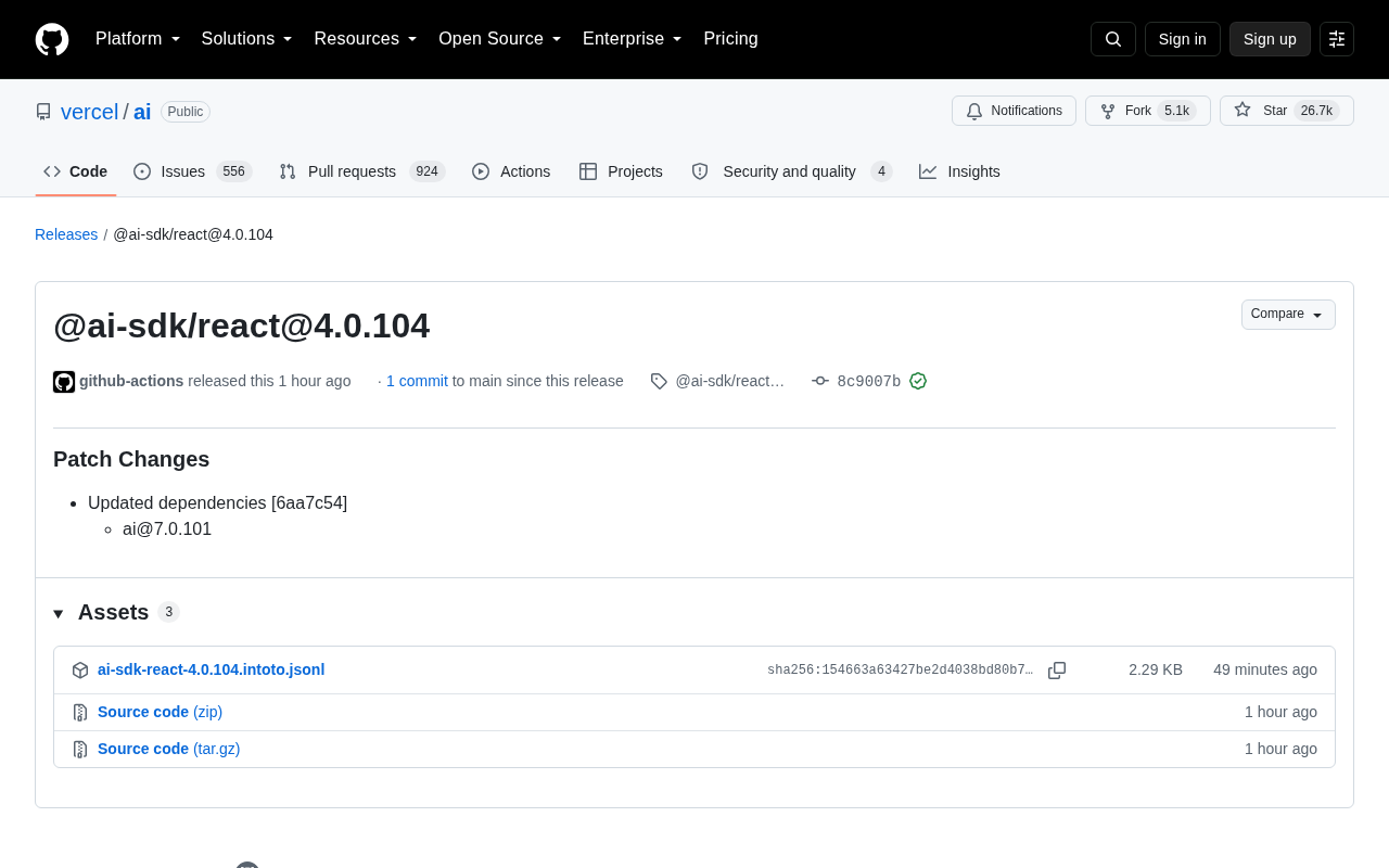 Vercel AI SDK 发布 @ai-sdk/react@4.0.104 补丁更新