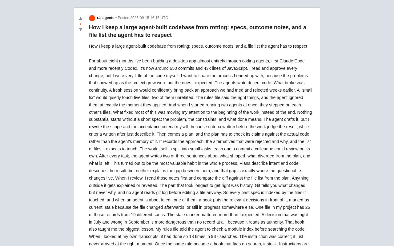 Fighting AI Code Rot: A Practical Approach with Specs, Outcome Notes, and File Manifests