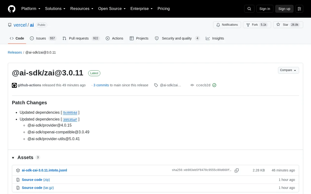 Vercel AI SDK Releases @ai-sdk/zai@3.0.11 Patch Update