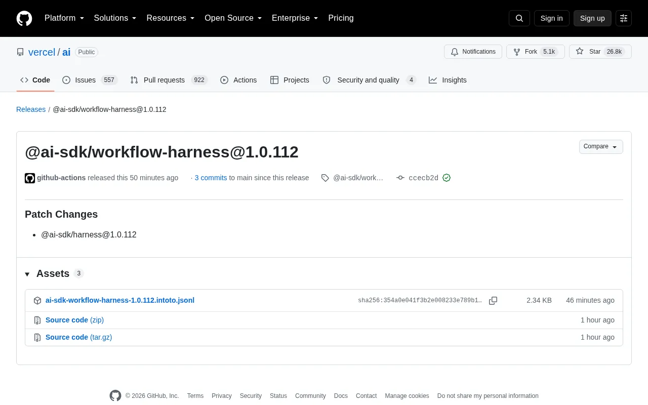 Vercel AI SDK Releases workflow-harness 1.0.112 Patch Update