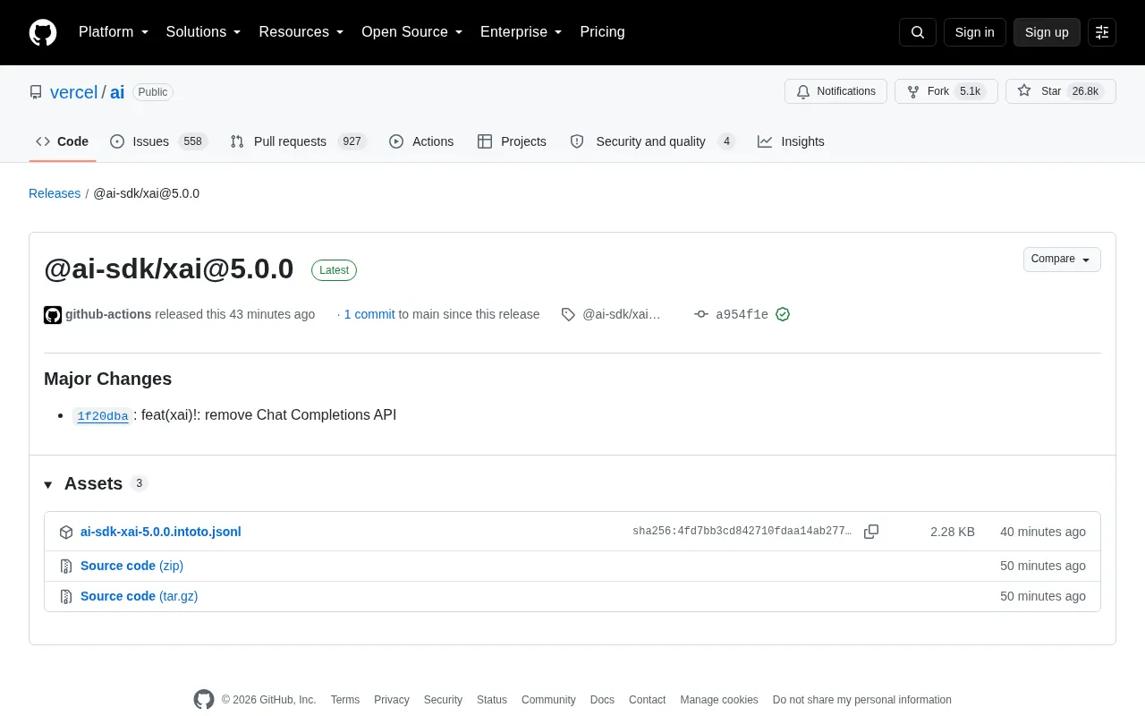 Vercel AI SDK Releases @ai-sdk/xai 5.0.0: Chat Completions API Removed