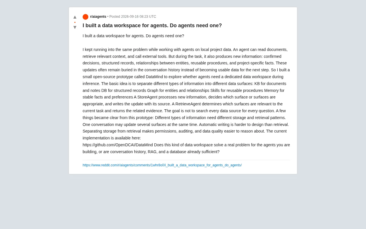 reddit source: I built a data workspace for agents. Do agents need one?