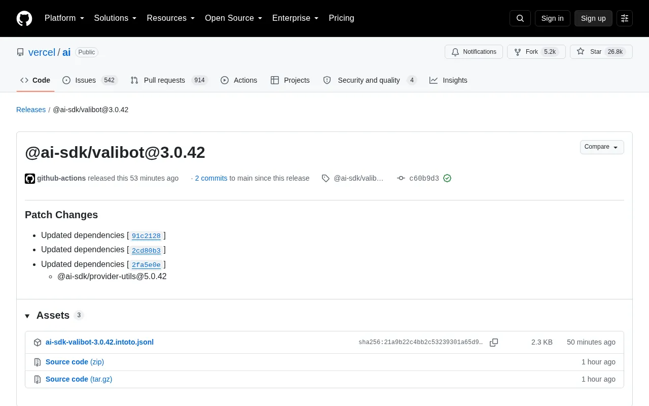 @ai-sdk/valibot 3.0.42 Released: Dependency Update Breakdown