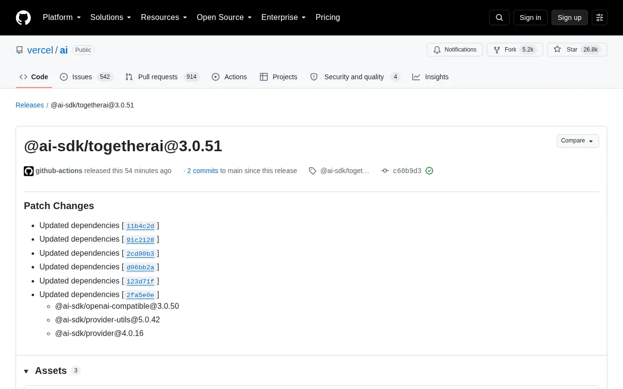 Vercel AI SDK Releases @ai-sdk/togetherai@3.0.51 Patch Update