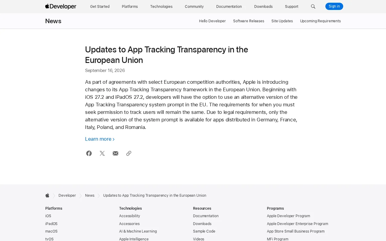 苹果调整欧盟App跟踪透明度框架:新增替代版系统提示