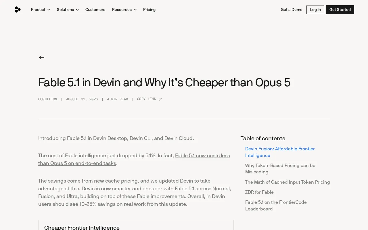 Devin Integrates Fable 5.1: 54% Cost Reduction, Cheaper Than Opus