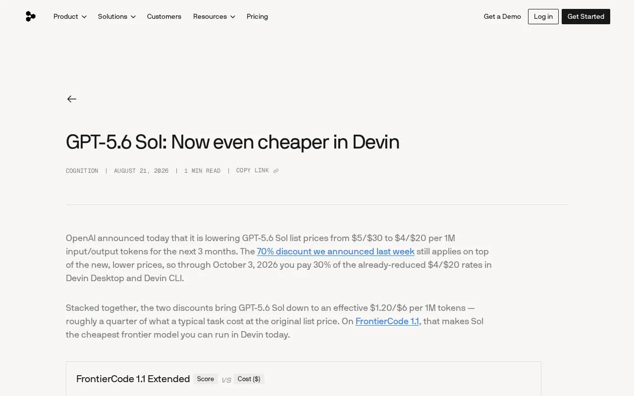 GPT-5.6 Sol Price Drop: Stack Devin's 70% Discount on Top of New Lower Rates