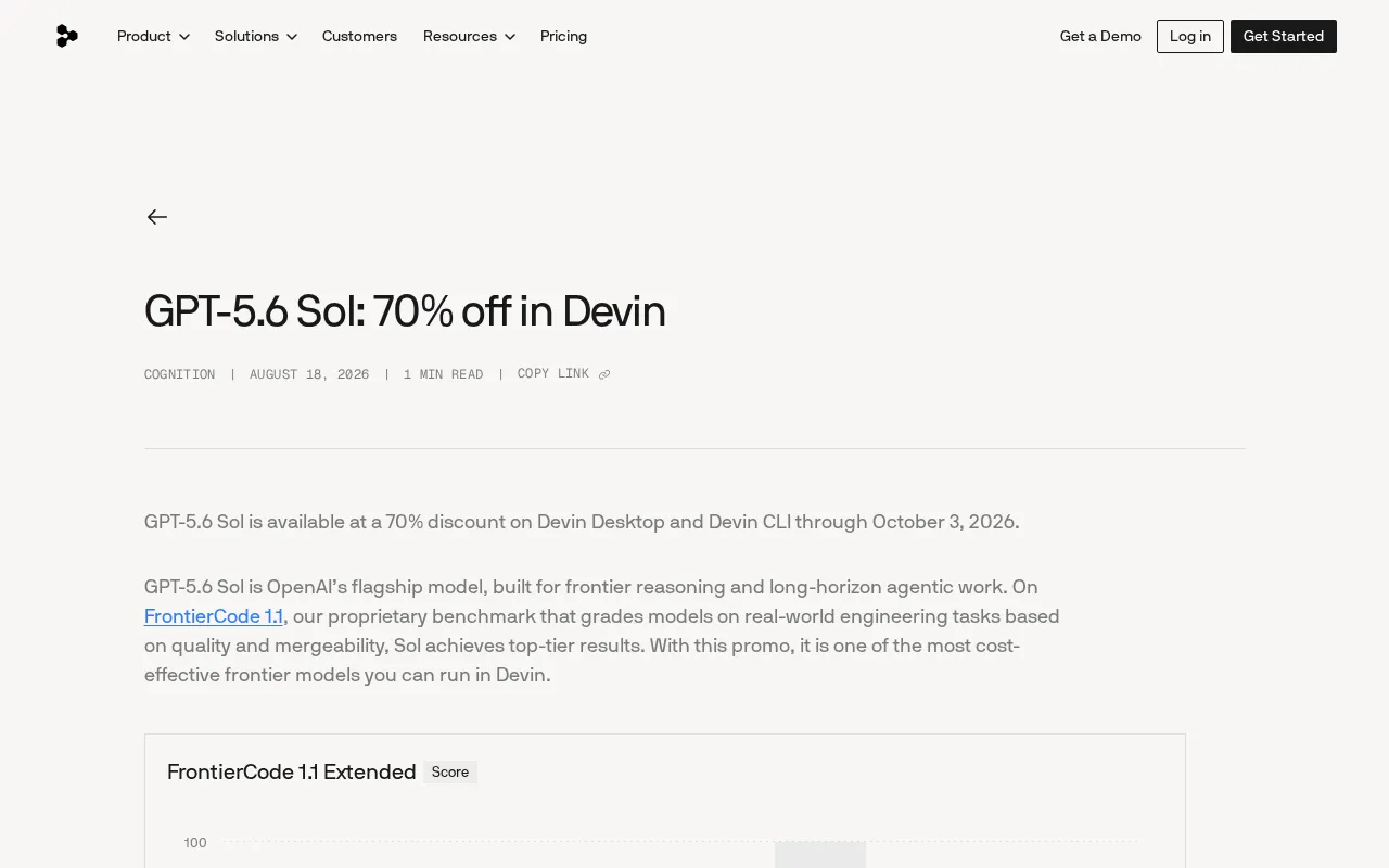 GPT-5.6 Sol: 70% off in Devin