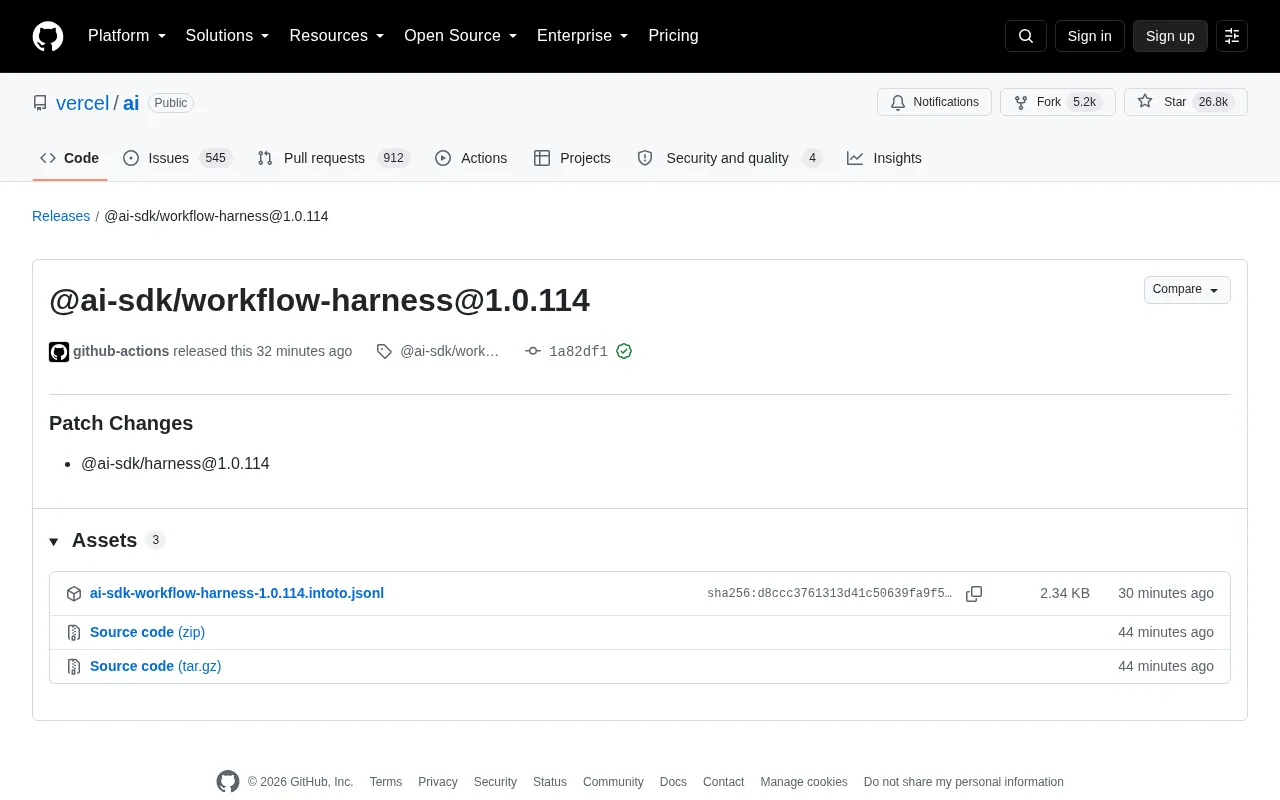 Vercel AI SDK Releases workflow-harness 1.0.114 Patch Update